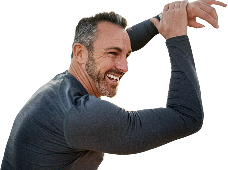 Smiling man stretching beside the TRT benefits